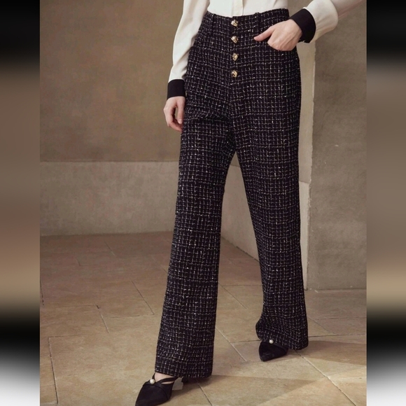TWEED PLAID PATTERN METAL BUTTON FRONT FLARE LEG PANTS - Picture 1 of 5